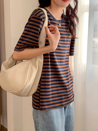 Women Stripes Vintage Tshirt Tops O Neck Short Sleeve Pullover T-shirt 2024 Summer New Korea Cotton Shirt Green Black Y2K