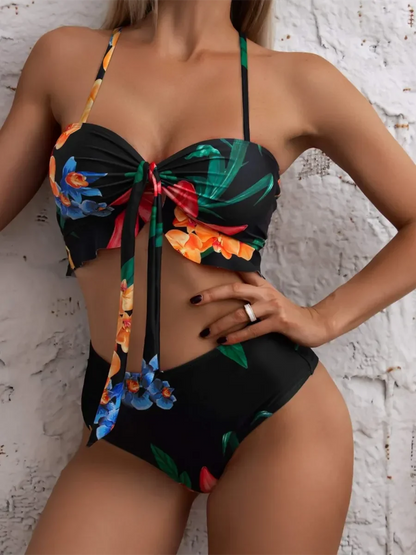 3 Pieces High Waist Swimsuit With Beach Skirt Floral Print Knot Front Bikinis 2025 Women Ruffle Swimwear Female Bathing Suit