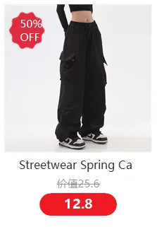 Streetwear Spring Summer Cargo Pants Women Harajuku Slim Punk Ribbons Joggers Elastic Waist Ankle-Length Trousers For Girls