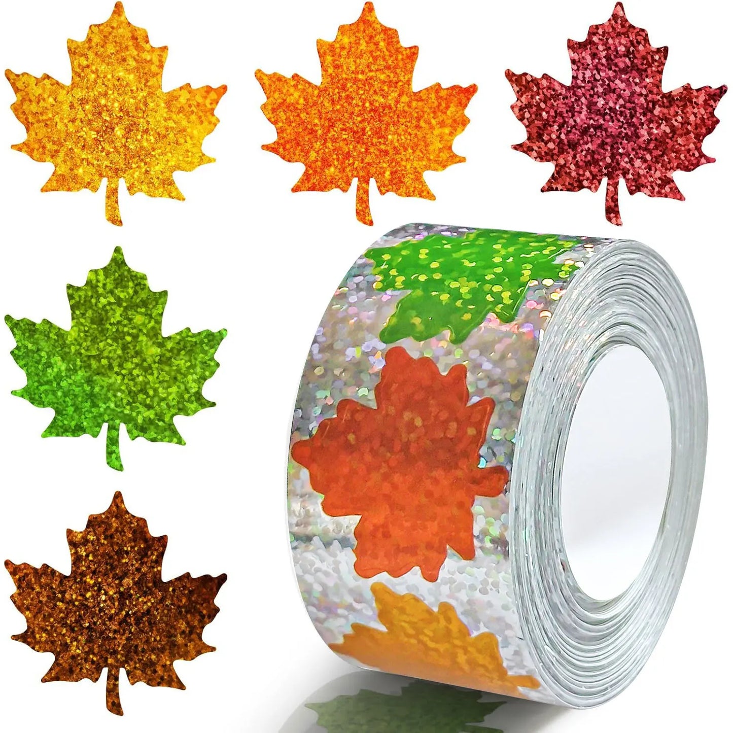 500Pcs Fall Thanksgiving Leaf Stickers 5 Colors Maple Leaf Decals Holographic Self Adhesive Label Stickers Roll for Autumn