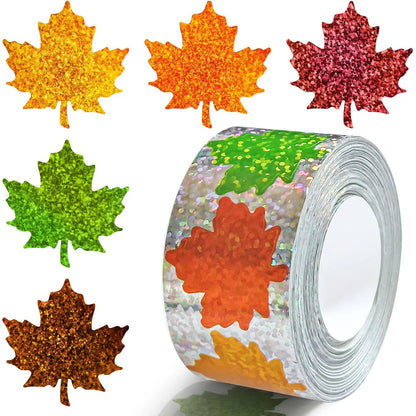 500Pcs Fall Thanksgiving Leaf Stickers 5 Colors Maple Leaf Decals Holographic Self Adhesive Label Stickers Roll for Autumn