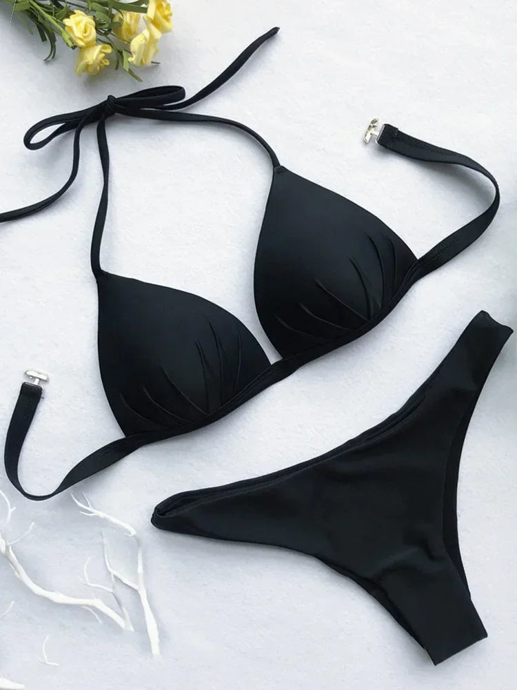 2025 Halter Bra Cup Bikini Sexy Swimsuit Female White Swimwear Women Push up Bikini set Brazilian Bathing Suit Bandeau Swim suit