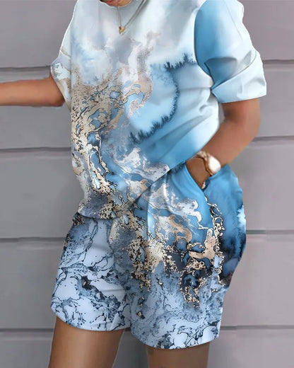 Summer Women's Short Sleeve Shorts Two-piece Set 2024 Fashion Casual Plaid Printed Women's Shorts Pocket Plus Size Set Clothing