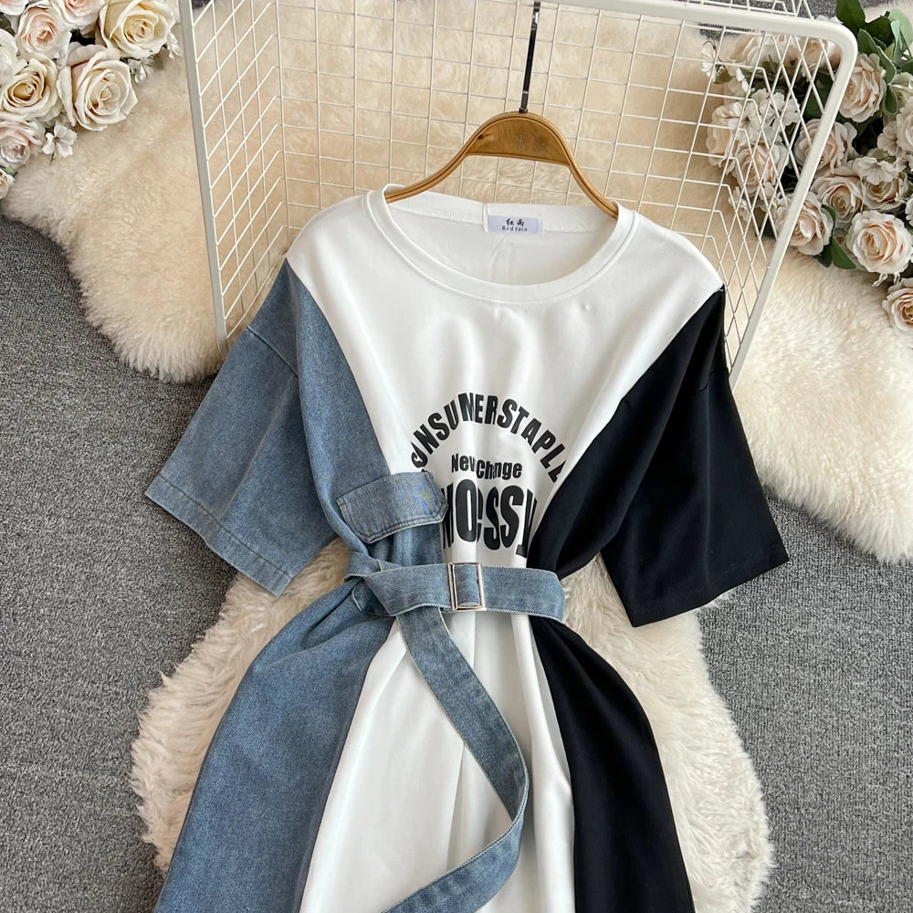 XFPV 2025 Summer Fashion Short Sleeve Round Neck High Waistband Slim A-line Denim Printed Patchwork Dress For Women SM11498