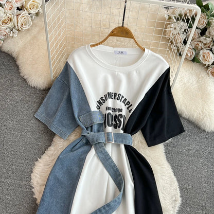 XFPV 2025 Summer Fashion Short Sleeve Round Neck High Waistband Slim A-line Denim Printed Patchwork Dress For Women SM11498