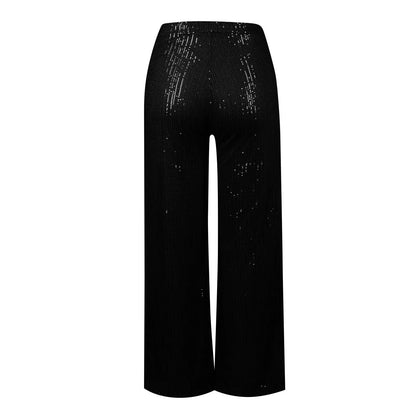 Women's Fashion Solid Color High Waist Sequin Side Zipper Draped Wide Leg Pants Pants for Women Women’s Pants Women’s Pants 2024