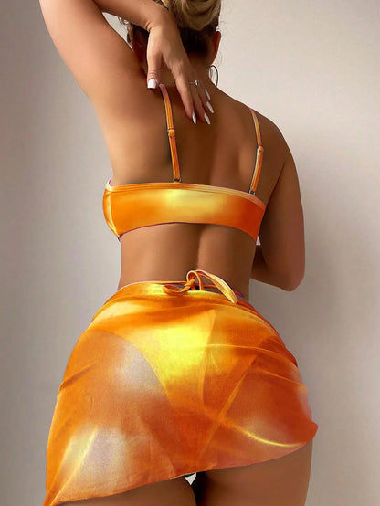 3 Pieces Ombre Lace Up Bikini Swimsuit & Beach Skirt Sexy Swimwear Women 2025 Bathing Swimming Swim Suit Female Summer Beachwear