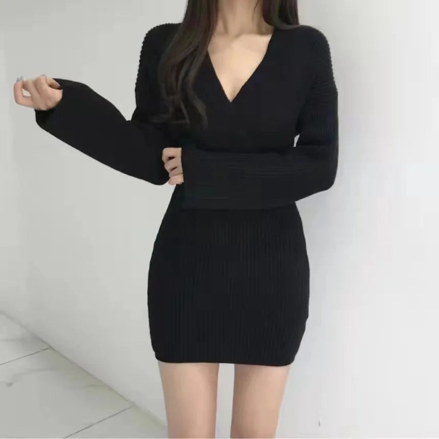 2023 Spring Autumn Sexy Cross V-neck Wrap Hip Dresses Women's Knitted Sweater Dress Fashion Tight Short Dress
