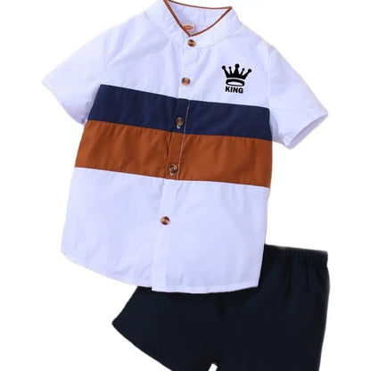 Summer Boys Front Button Cardigan Stand Collar Cartoon Printed Short Sleeve Shorts Casual Two-Piece Set