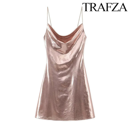 TRAF Women's Metallic Colour Glitter Dress Sexy Backless Sleeveless Spaghetti Strap Dresses Party Bar Sleeveless Short Dresses