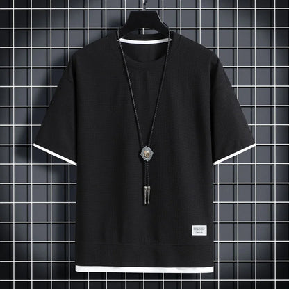 1pcs Men Summer T-Shirt Man Short Sleeved Waffle Solid T-Shirt Male Solid Color Casual Tee Round Men's Round Neck Fashion Top