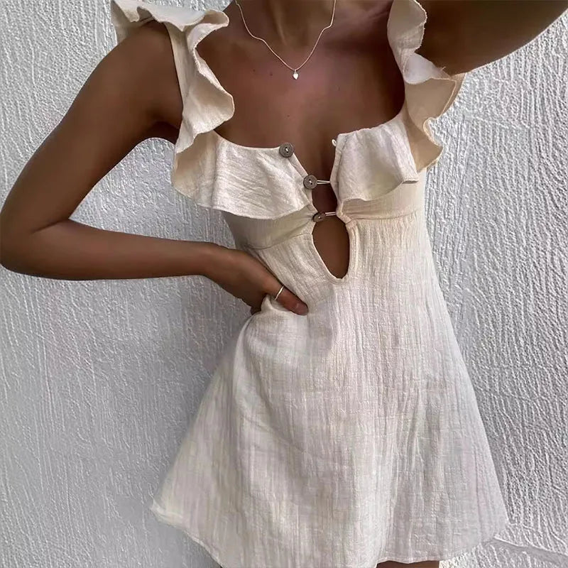 Summer Hollow Out Button Ruffles Short Dress Sexy V Neck Sleeveless Solid Color Dress New Holiday Beach Cotton Linen Mini Dress
