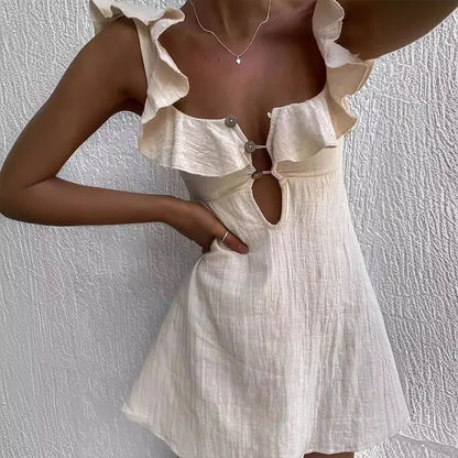 Summer Hollow Out Button Ruffles Short Dress Sexy V Neck Sleeveless Solid Color Dress New Holiday Beach Cotton Linen Mini Dress
