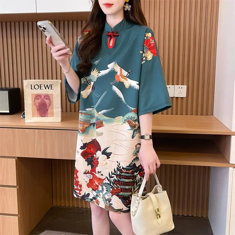 Summer Chinese Style Vintage Printing T-shirt Mini Dress Ladies Short Sleeve Loose Casual A-line Robe Women Stand Collar Vestido