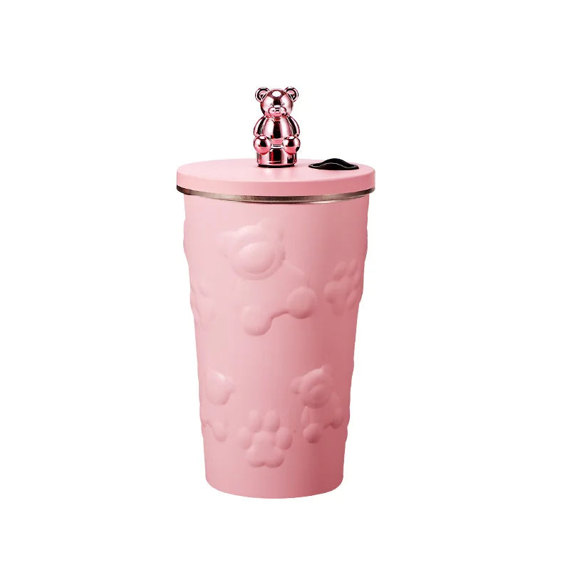 600ml Cute Bear 304 Stainless Steel Coffee Thermos Double Wall Vacuum Insulation with Straw Outdoor Water Bottle Car Cup