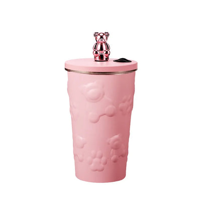600ml Cute Bear 304 Stainless Steel Coffee Thermos Double Wall Vacuum Insulation with Straw Outdoor Water Bottle Car Cup