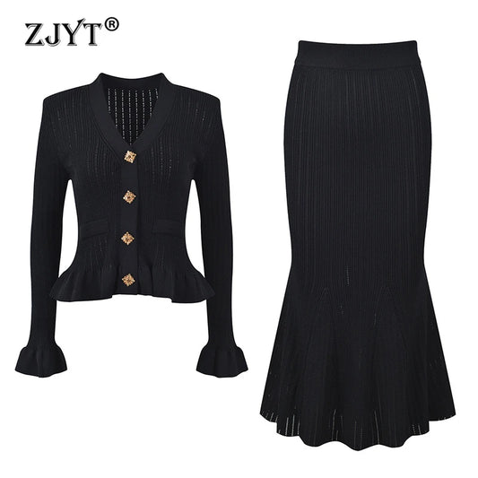 ZJYT Elegant Women's Flare Sleeve Sweater Long Mermaid Skirt 2 Piece Matching Set Knitted Suit Autumn Winter Party Outfit White