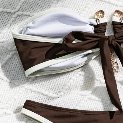 Brown Bandeau Bikinis Sets 2025 Sexy Swimsuit Women Contrast Color Swimwear Metal Buckle High Cut Bathing Suit Bikinis De Mujer