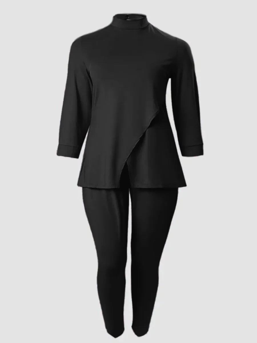 4XL 5XL LW Plus Size Turtleneck Split Pants Set Spring 2pcs Solid Color Loose Casual Slim Pants Female Two Piece Set Outfits