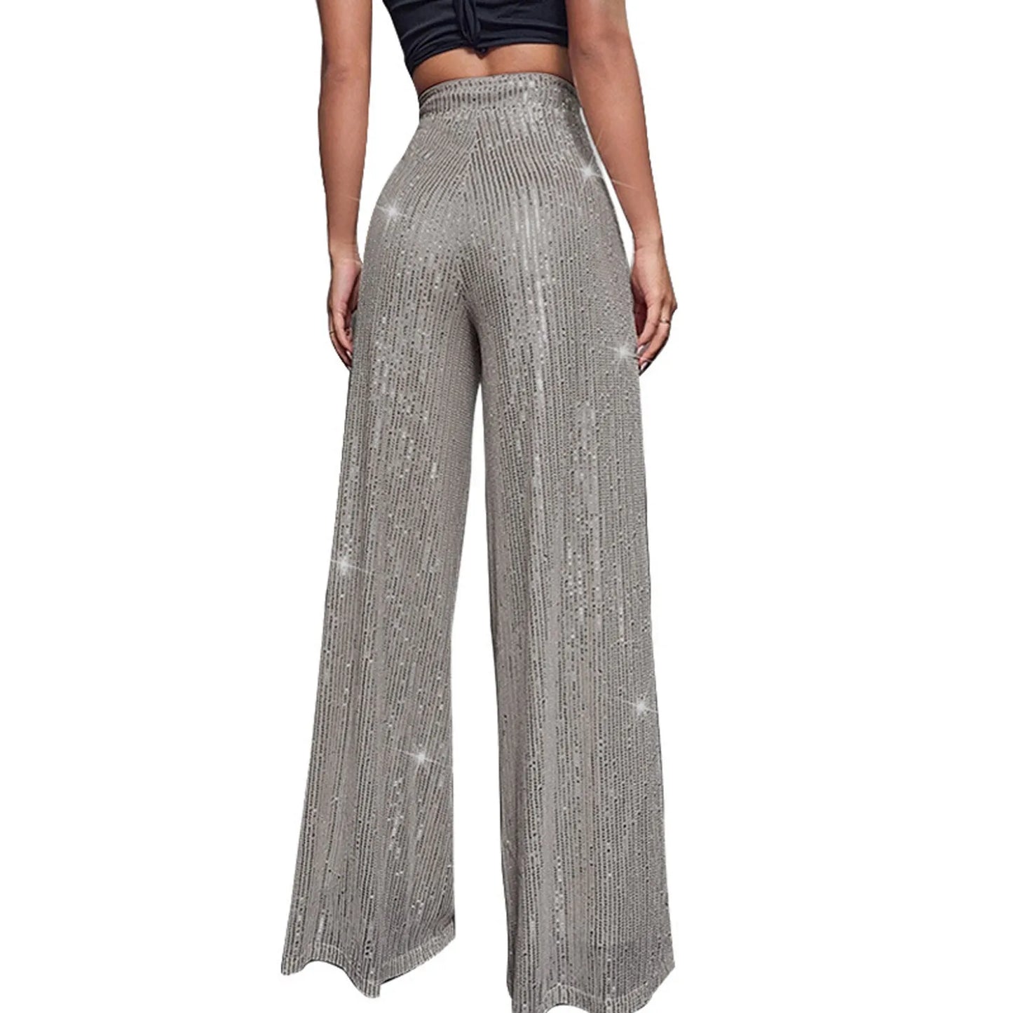 Women's Fashion Solid Color High Waist Sequin Side Zipper Draped Wide Leg Pants Pants for Women Women’s Pants Women’s Pants 2024