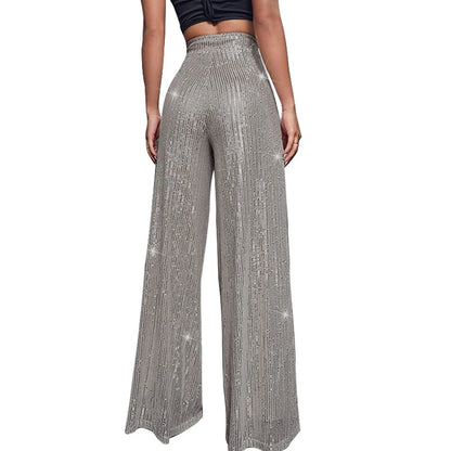 Women's Fashion Solid Color High Waist Sequin Side Zipper Draped Wide Leg Pants Pants for Women Women’s Pants Women’s Pants 2024