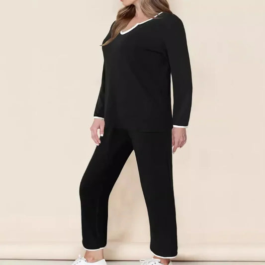 Autumn and winter new women's plus size solid color V-neck loose and comfortable casual home drawstring pants set for women