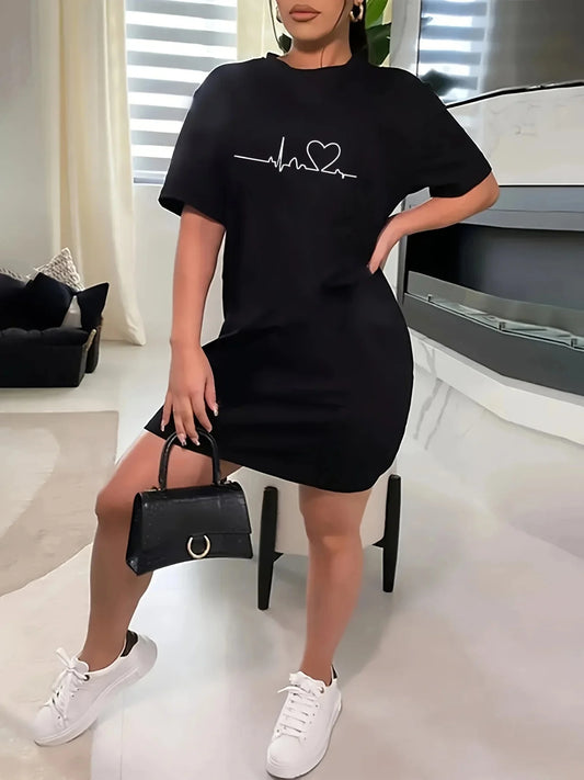 Women's summer casual Q Heart print letter print loose size round neck short sleeved T-shirt dress Oversize Loose   High Street