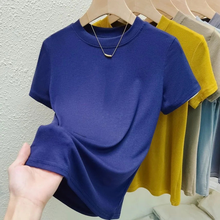Women's Elastic Crew Neck T-Shirt Solid Ribbed Tops Pink Short Sleeve Tight Bottom Basic Shirt Casual Sexy Slim Summer Tops Tee