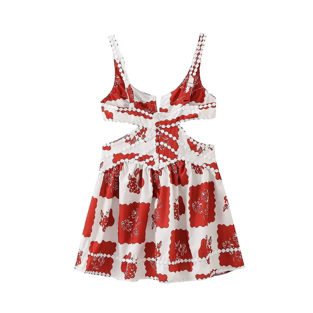 American retro suspender dress for women summer new style bohemian style waist hollow A-line short skirt