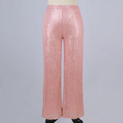 Women's Fashion Solid Color High Waist Sequin Side Zipper Draped Wide Leg Pants Pants for Women Women’s Pants Women’s Pants 2024