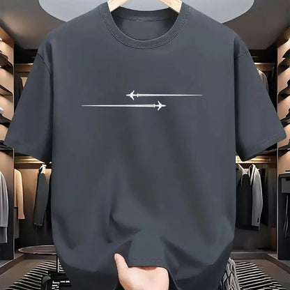 Summer Men's 100% Cotton Casual Loose Large Creative Airplane Pattern Printed Comfortable Sports Round Neck Short Sleeve T-shirt