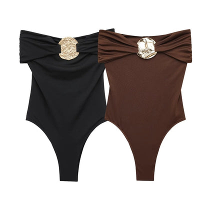 ZBZA Women's Sexy Jumpsuit Gold Button Pleated High Elastic Holiday Beach Solid Color Slim Fit Top Summer New Female Chic Top