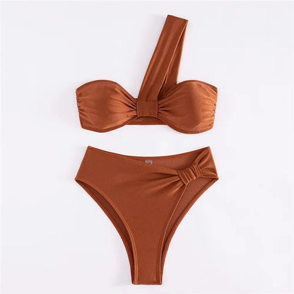 Brown One Shoulder Bikini High Waist Sexy Swimsuit Women 2025 Solid Swimwears Bathing Suit Bandeau Bikinis Sets De Mujer Biquini
