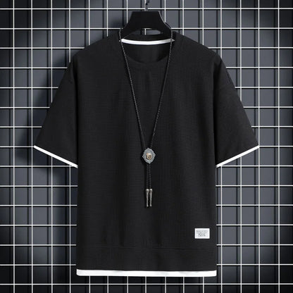 1pcs Men Summer T-Shirt Man Short Sleeved Waffle Solid T-Shirt Male Solid Color Casual Tee Round Men's Round Neck Fashion Top