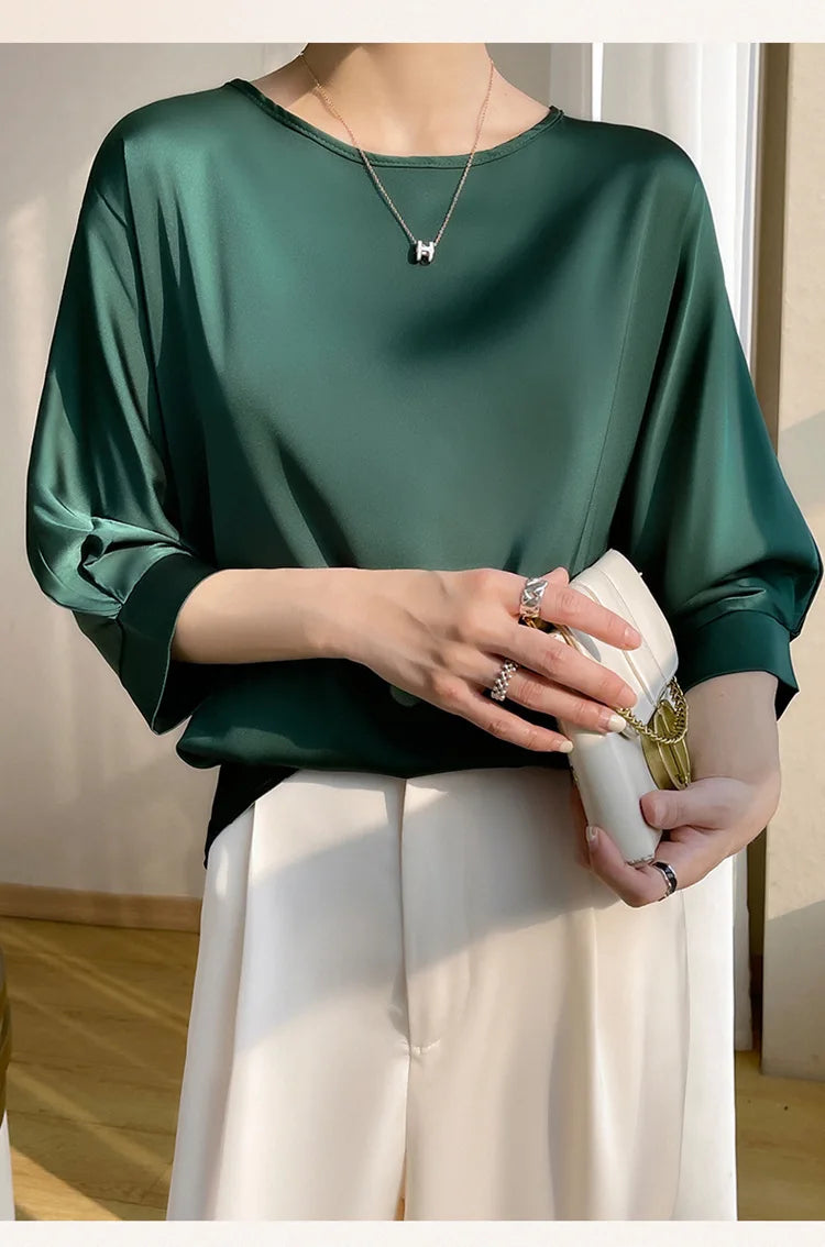 2025 New In Summer Satin Silk Half-Sleeve Tee Tops Basic Solid Women‘s T-Shirt Casual O-neck Thin Shirts Ladies Loose Blouses