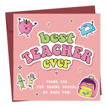1Set Best Teacher Ever Thank You Card Cute Teacher Appreciation Card with Envelopes, Funny Writable Card Gifts for Teacher's Day