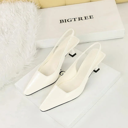 Women 6cm High Heels Retro Streetwear Catwalk Sandles Lady Daily Work Slingback Strap Elastic Mid Heels Glossy Leather Sandals
