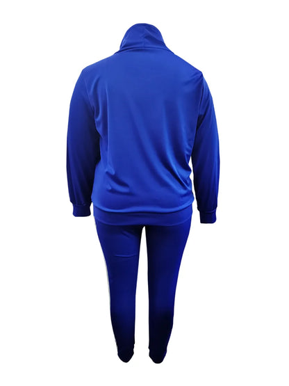 5XL LW Plus Size Autumn&Winte Letter Print Regular Striped Long Sleeve Basic Sporty Fashionable Turtleneck Hooded Blue Pants Set