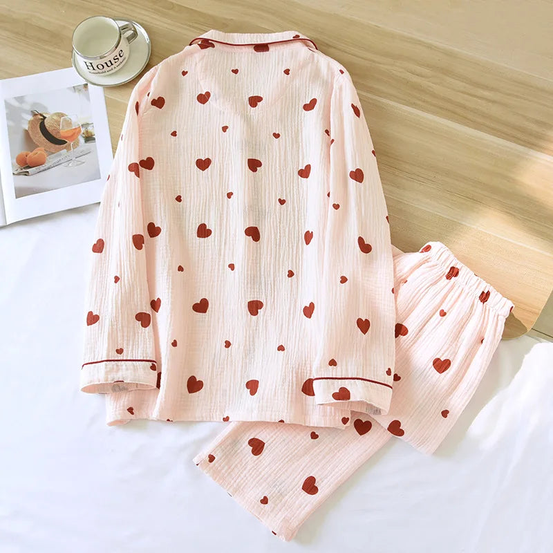 2025 New Spring and Autumn Women's Pajama Set 100% Cotton Crepe Long Sleeve Long Pants Two Piece Set Love Sweet Home Clothes