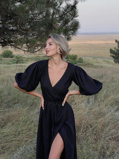 Bornladies 100% Cotton V-neck Waist Cinched Dress Unique Lantern Sleeve Sexy Slit Long Skirt Fashionable Women's Casual Dresses