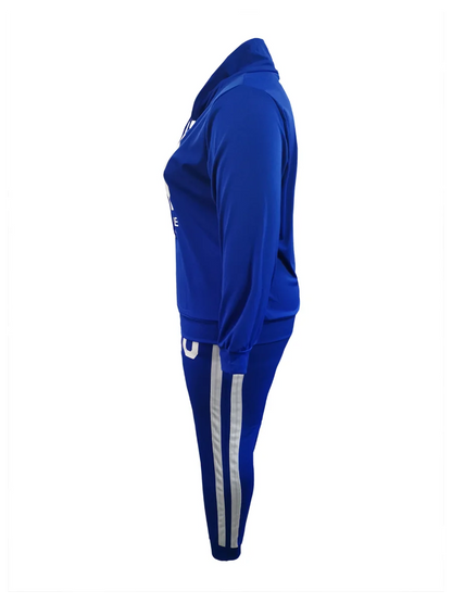 5XL LW Plus Size Autumn&Winte Letter Print Regular Striped Long Sleeve Basic Sporty Fashionable Turtleneck Hooded Blue Pants Set