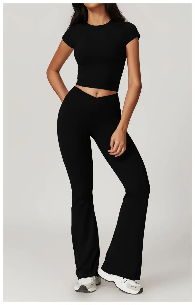 Two Piece Short Sleeve Sport Yoga Set Outfit Fitness Gym Set Workout Clothes for Women Flare Leggings Sportwear Women Tracksuit