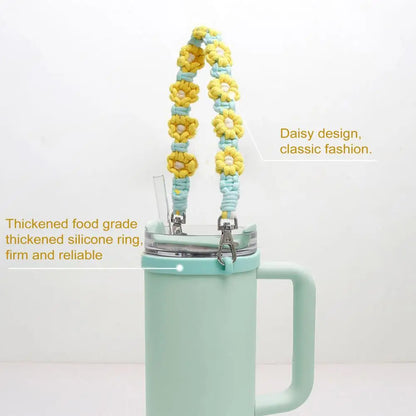 Water Bottle Handle Strap Handmade Flower 16-40oz Tumbler Silicone Safety Ring Cotton Rope Flower Durable Water Bottle Strap