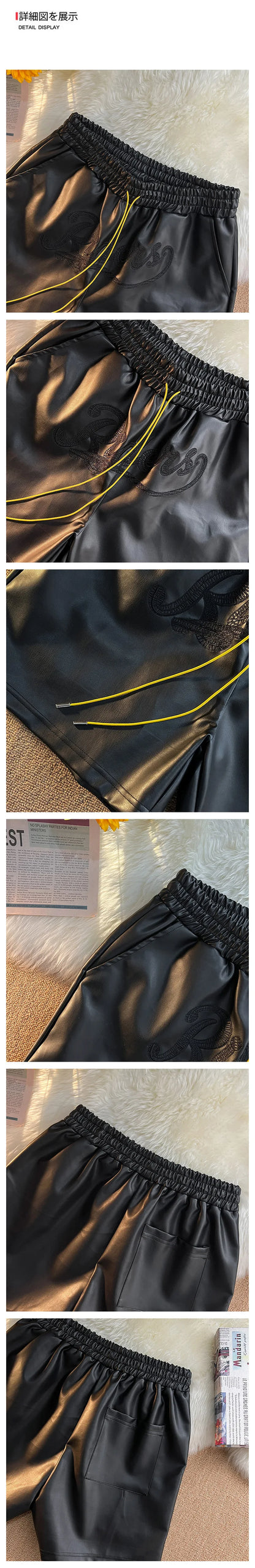 Trendy Brand Men's Shorts Environmental Friendly Leather Pocket Zipper Drawstring Casual Fashionable Summer Loose-Fit Pants