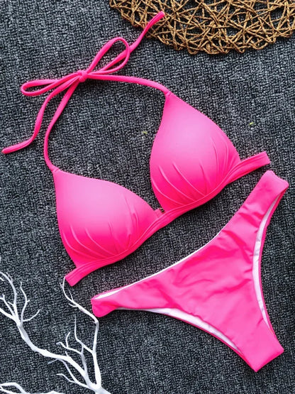 2025 Halter Bra Cup Bikini Sexy Swimsuit Female White Swimwear Women Push up Bikini set Brazilian Bathing Suit Bandeau Swim suit