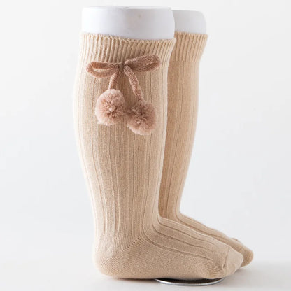 1 Pair Winter Kawaii Baby Stockings Cotton British Princess Knee High Long Bow Pom Tube Socks for Girls Knitted Sock for 0-4Year