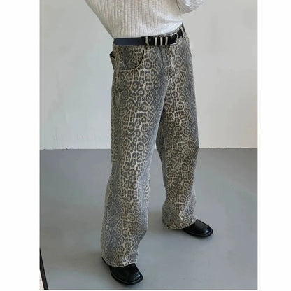 Women's Jeans Leopard High Waist Hip Hop Straight Fashion Pants Streetwear Harajuku Y2K Style Female Wide Leg Denim Trousers