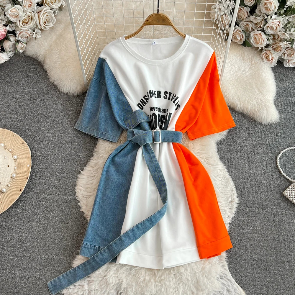 XFPV 2025 Summer Fashion Short Sleeve Round Neck High Waistband Slim A-line Denim Printed Patchwork Dress For Women SM11498