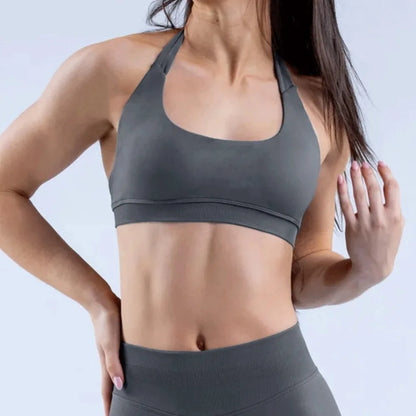 D LOGO Sports Bra Women Seamless Halter Neck Strap Bra with Logo Padded Open Back Yoga Top Bra Medium Support Gym Crop Top