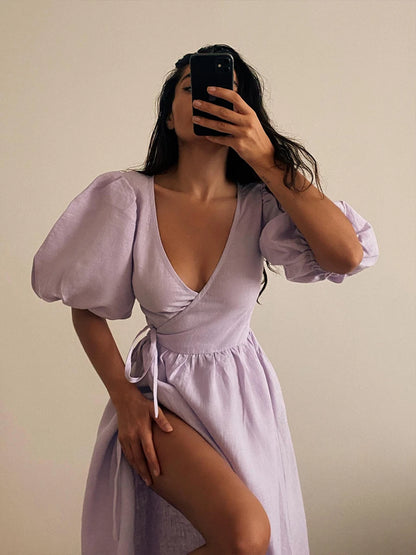 Bornladies 100% Cotton V-neck Waist Cinched Dress Unique Lantern Sleeve Sexy Slit Long Skirt Fashionable Women's Casual Dresses